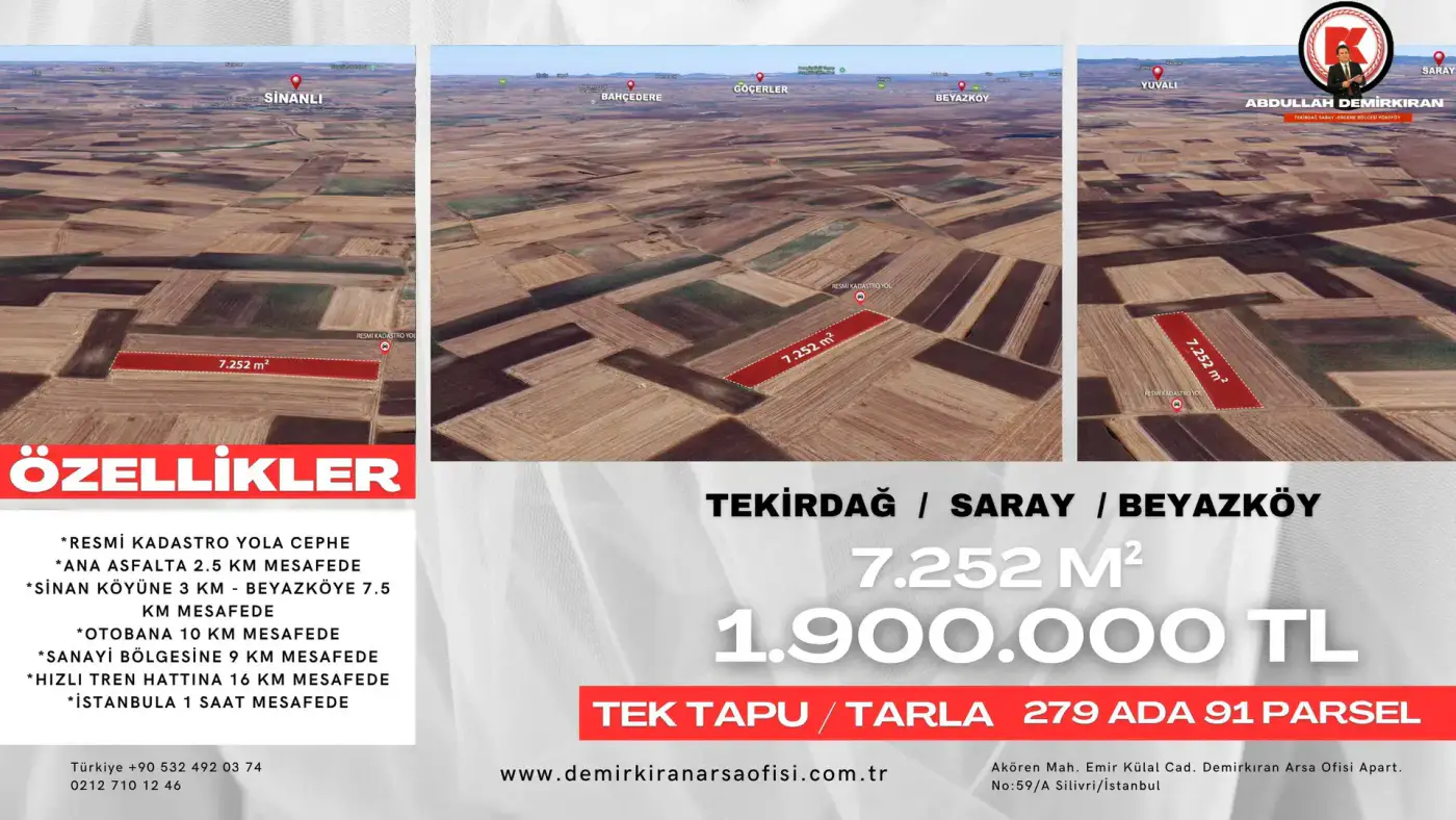 Beyazköy Bölgesinde 7.252 m² Satılık Tarla