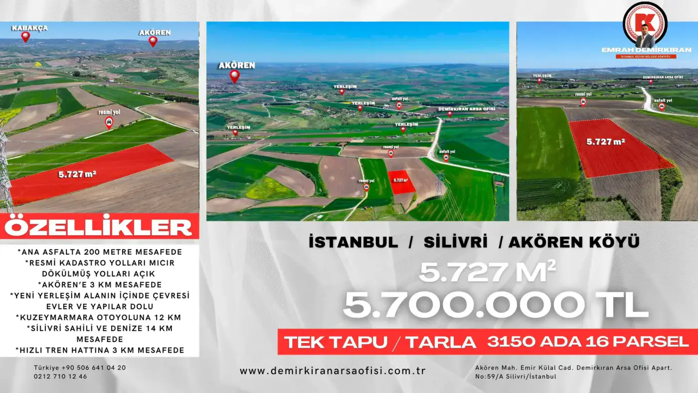 Akören Bölgesinde 5.727 m² Satılık Tarla