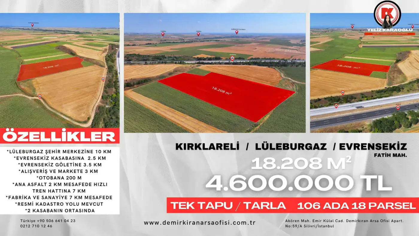 Evrensekiz Fatih Bölgesinde 18.208 m² Satılık Tarla